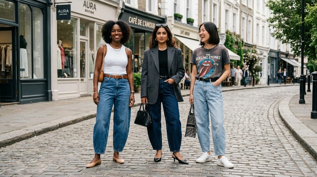 Barrel jeans outfit ideas 2026 — three women styling curved-leg denim on city street
