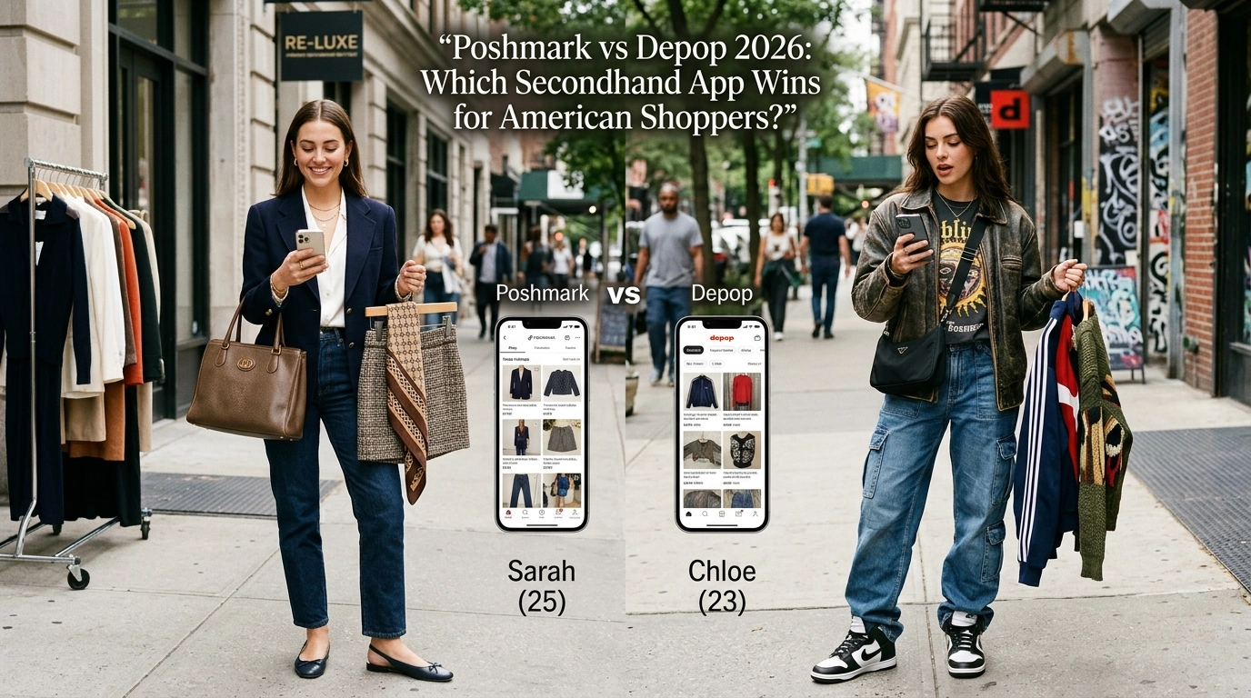 Poshmark vs Depop 2026 comparison image showing  two shoppers and secondhand clothes.