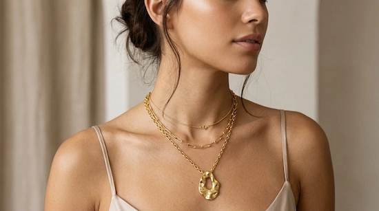 Necklace layering 2026 three gold chains sculptural pendant editorial